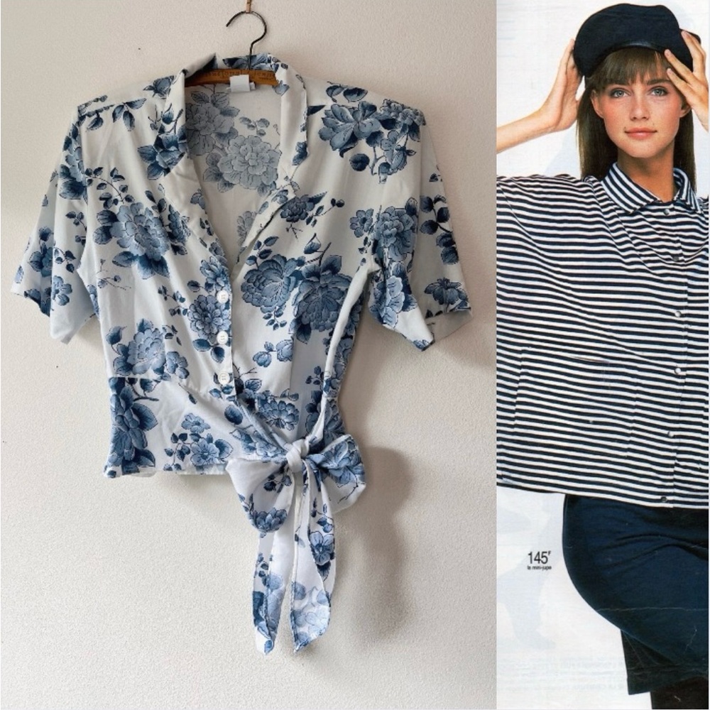 Vintage 90’s Floral Wrap tie Blouse Blue and White size M‎